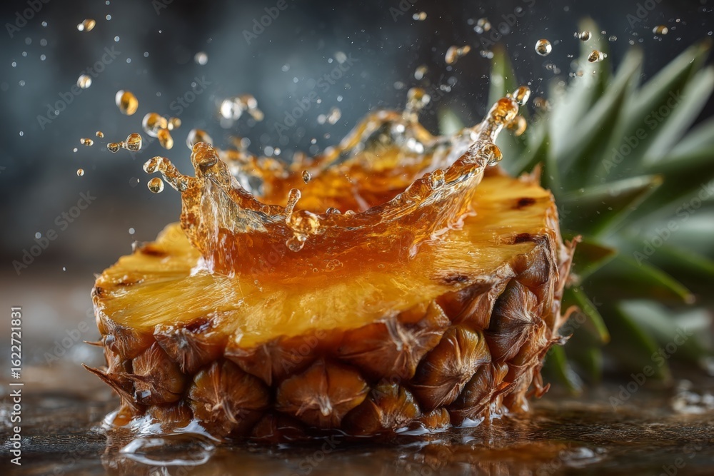 Aufkleber pineapple slice creating splashes of juice in a vibrant setting with green leaves and dark backgroun