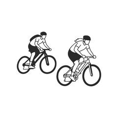 Fototapeta premium Two adults cycling on mountain bikes in minimalist black and white design