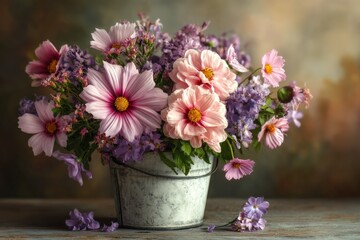 Colorful flower arrangement in a rustic bucket against a softly blurred background in a warm setting