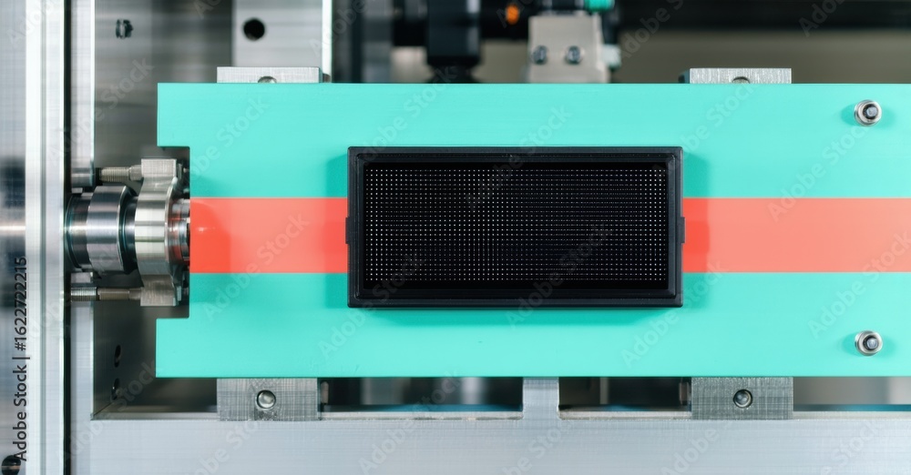 Poster rectangular display centered within machine frame. teal, red sections visible. precise engineering, 