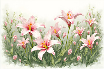 Pink Lily Flowers Blooming in Garden Illustration