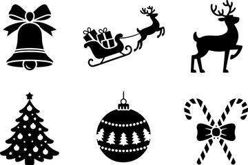 A bundle of 6 unique black silhouette vector illustrations featuring classic Christmas icons 