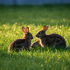 Fototapeta premium Adorable bunnies frolic in lush green grass, creating a heartwarming and peaceful scene in nature