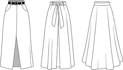 Long skirt fashion flat, technical skirt sketch, front view, high waist, flare hem, design illustration, stylish women garment