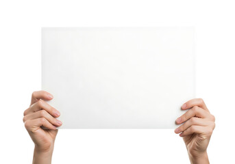 Obraz premium Hands holding a blank white sign isolated on transparent background