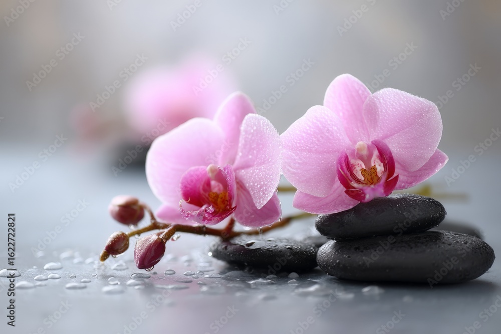 Poster beautiful pink orchids resting on smooth black stones with droplets of water adding tranquility to a