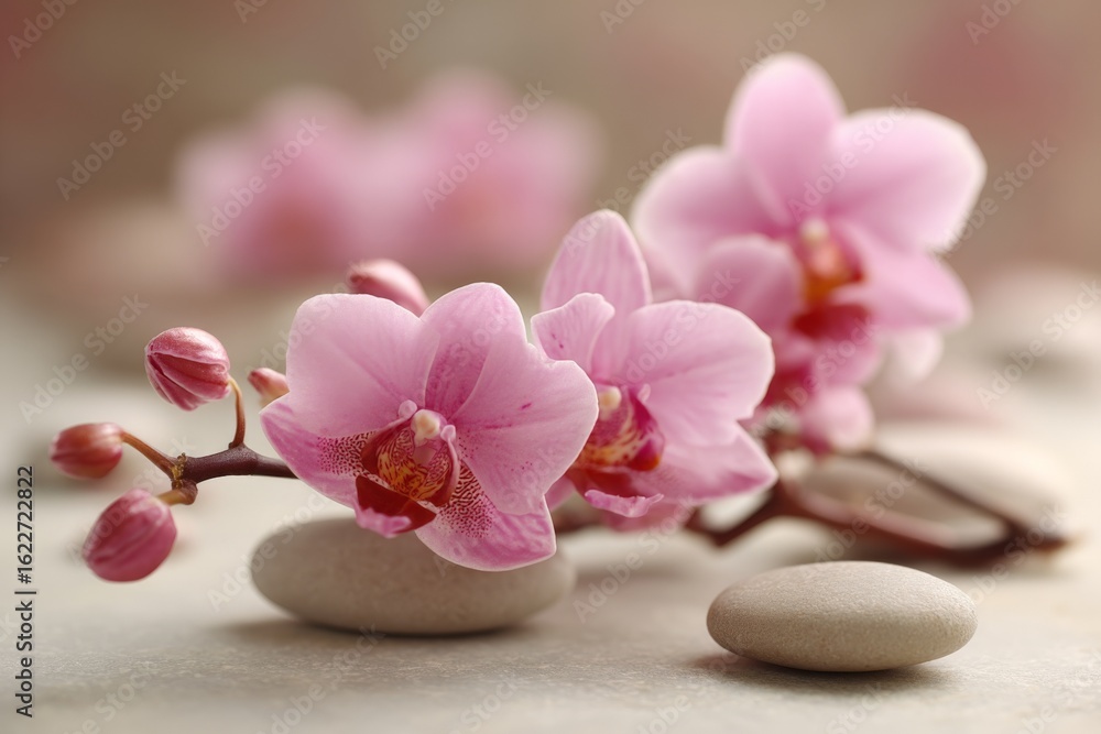 Poster delicate pink orchids with smooth stones on a serene surface in a tranquil setting
