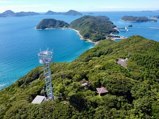 Drone aerial panorama from Jodake Observatory on Naru Island, Goto Islands, Nagasaki, Japan –...