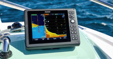 Marine electronics display showing sonar data. Boat interior, water visible. Device provides depth, fish detection information.