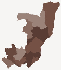 Map of Republic of the Congo with regions. Just a simple country border map with region division. Brown color palette. Plain Republic of the Congo shape with administrative division.