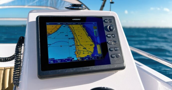 Boat console displays nautical chart. Bright screen shows coastline, depth contours, ocean water. Navigation equipment visible, sunny day. - Powered by Adobe