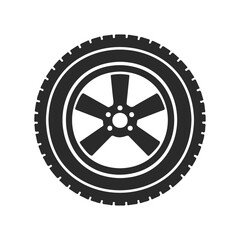 Silhouette of a car tire with rim on white background