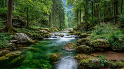 Obraz premium Breathtaking river flowing through lush green forest with serene rocks and vibrant nature in a tranquil setting