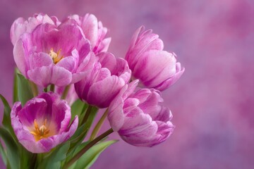 Obraz premium Beautiful bouquet of pink and purple tulips arranged artistically against a soft blurred background