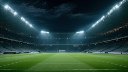 Empty soccer stadium at night under bright floodlights