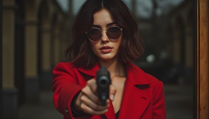 Cinematic portrait of a mysterious woman in a red coat aiming a handgun with a serious expression