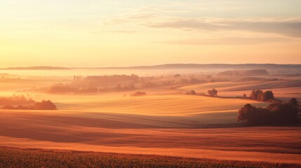 Golden sunrise over a misty landscape.