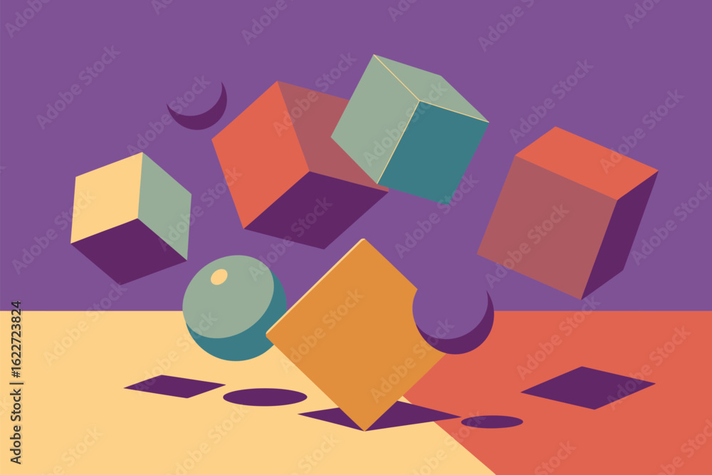 Poster a vibrant abstract composition featuring floating cubes sphere and crescent shapes with playful shad