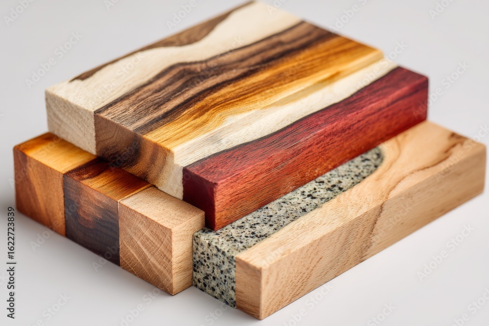 Poster artistic display of various wooden blocks showcasing unique grain patterns and colors in a minimalis