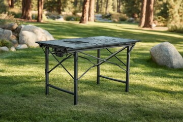 Outdoor foldable table set up in a serene green park surrounded by trees, perfect for gatherings or activities