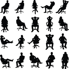 Office chair silhouette, man and woman sitting, professional pose, business people silhouette, relaxed posture, workplace scene, isolated black figure