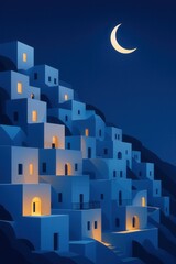 Santorini village at night showing classic white cubic buildings with glowing windows on a hillside under a deep blue sky and crescent moon in the Cyclades islands of Greece