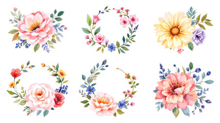 Set of colorful floral elements, Set of watercolor flowers