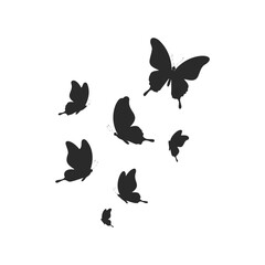 Silhouette of flight: black butterflies in motion on white background