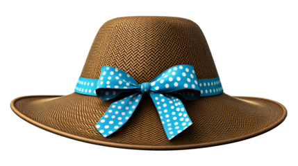 Wide brimmed brown hat with blue polka dot ribbon