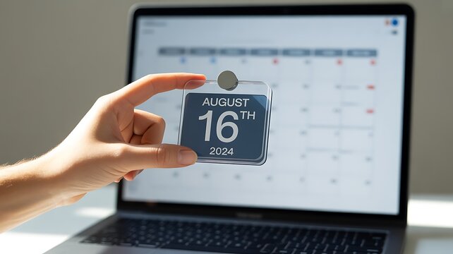 Hand holding a calendar date of august 16th in front of laptop