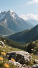 Vast mountain landscape with green valleys and rocky foreground under a cloudy sky Product Mockup