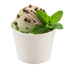 Cup of chocolate mint ice cream topped with fresh mint leaves and chocolate chips, isolated on transparent background