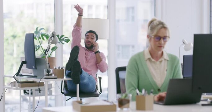 Phone call, coworking and rude business man with noise, loud laugh or throw trash. Mobile, talking and colleague in office for problem, litter or disruptive with conversation for workplace discipline