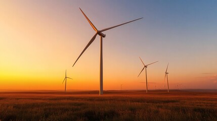 Obraz premium Wind turbines stand tall against a golden sunset.
