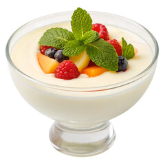 Delicate almond milk pudding topped with mixed fresh fruit slices and mint, served in a glass bowl, isolated on transparent background