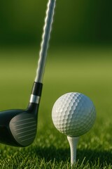 Close-Up of Golf Club and Golf Ball Positioned on Tee on Smooth Green Grass During Daylight