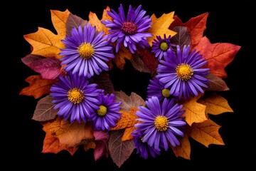 Bright purple flowers and colorful autumn leaves form a decorative wreath on a dark background