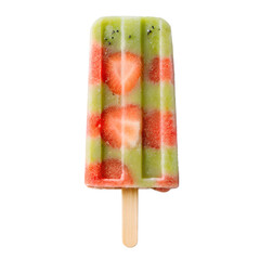 Fruity popsicle with strawberry red and kiwi green layers, icy texture with real fruit bits, wooden stick