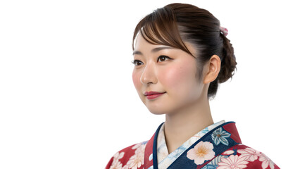 Elegant studio portrait of a smiling young woman in a traditional Japanese kimono