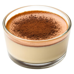 Elegant coffee-flavored custard served in a glass ramekin, dusted with cocoa powder, smooth surface