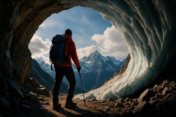 Adventurer Exploring Ice Cave with Snow-Capped Mountains and Clear Blue Sky in Background
