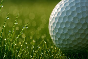 Close-Up of Golf Ball with Dew Drops on Grass in a Natural Outdoor Setting