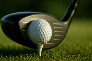 Close-Up of Golf Club and White Golf Ball on Tee in Sunlight on Green Grass Field