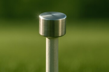 Close-up of Metal Post with Round Top and Soft Green Background in Natural Lighting Conditions