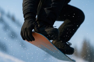 Snowboarder in Action Jumping High with Snowflakes Falling in a Winter Wonderland Setting