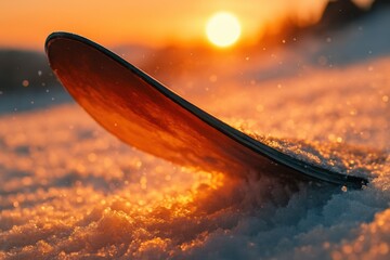 Close-Up View of a Snowboard Against a Sunset Glowing on Powder Snow Landscape