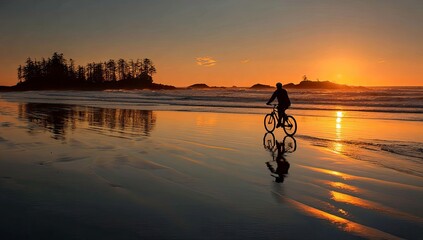 Silhouette of cyclist riding bike on beach at sunset with reflection