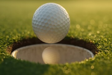 Close-Up of Golf Ball Hovering Above Hole on Green Grass at Sunset, Capturing the Perfect Moment