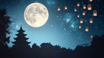 Silhouette of a pagoda against a night sky with lanterns.