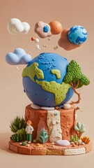 Whimsical clay model of earth with continents and clouds set on a colorful diorama base